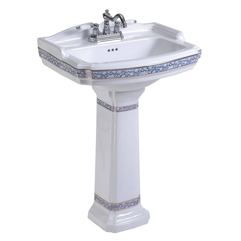 Decorative White Blue and Gold Bathroom Pedestal Sinks, 4" Centerset Faucet Holes