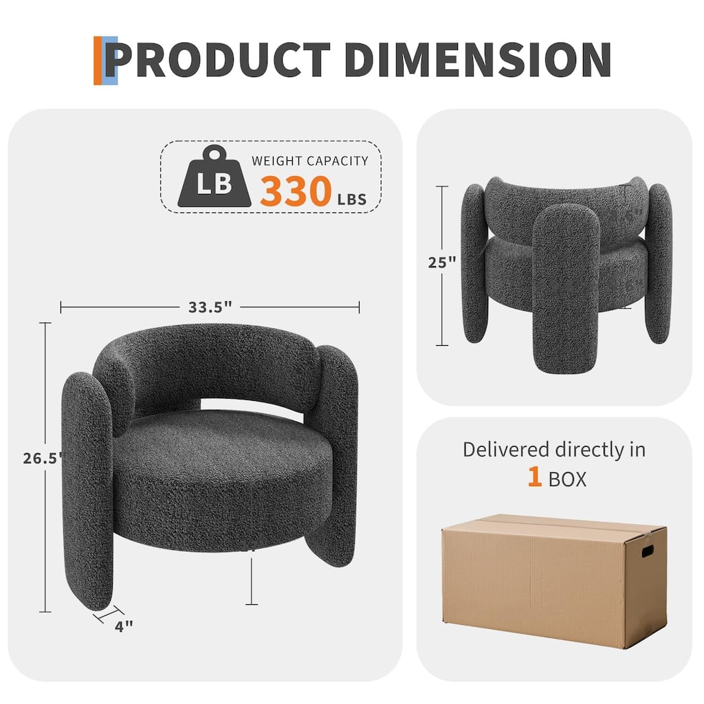 Accent Barrel Chair, Sherpa Upholstered Boucle Barrel Club Chair with Curved Backrest, Rubberwood Frame