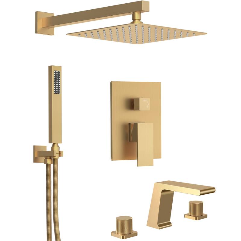 GRANDJOY 10" Rainfall Shower System with 2-Handle Waterfall Bathroom Sink Faucet Combo Set - Brushed Gold