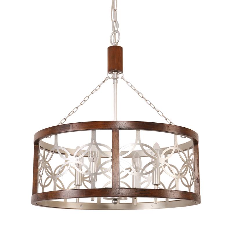 Bella Depot 4-Light Distressed Wood Wheel Chandelier Engraved Pattern Pendant Light with Adjustable Chain