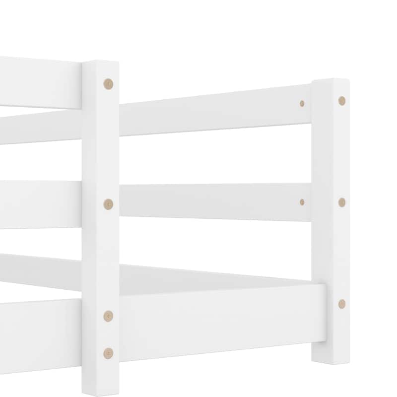 Full Size Wood Montessori Floor Bed w/ Fence for Kids, Girls, Boys -White, Easy Assemble