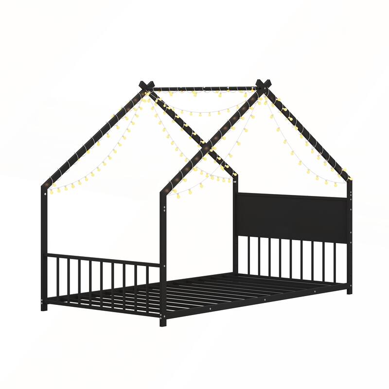 Twin Size House Bed with Roof and Colorful Lights