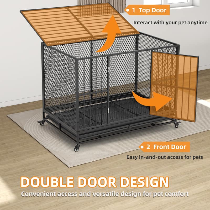 EROMMY Heavy Duty Dog Crate Furniture, Indoor Dog Kennel with Metal Mesh, Removable Tray & Lockable Wheels.