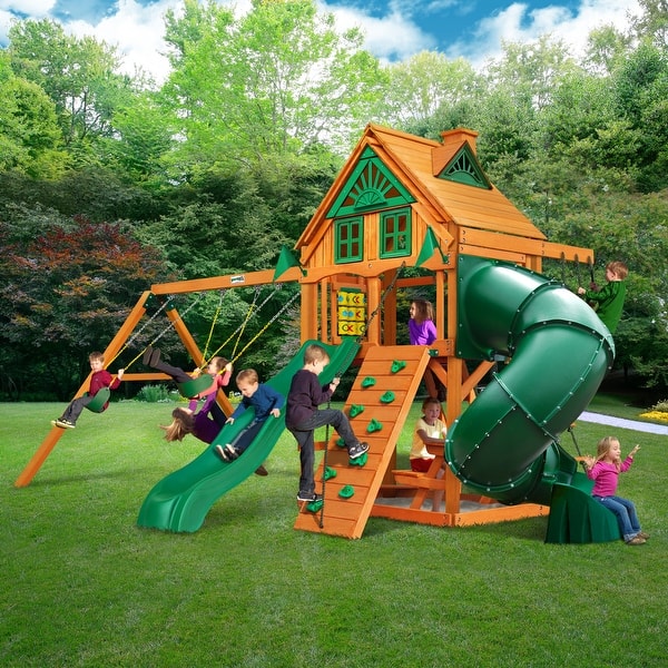 Gorilla Playsets Mountaineer Treehouse Wood Swing Set with Tube Slide