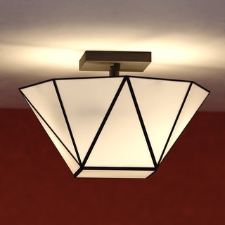 Burnett 2-Light Mid-Century Modern Semi Flush Mount Lighting Ceiling Fixture, White Tiffany Glass Shade for Entryway