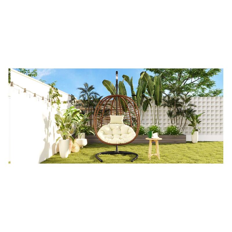 Roomfitters Single Person Folding Egg Chair with Stand, UV Resistant Wicker Rattan Swing for Patio, Garden