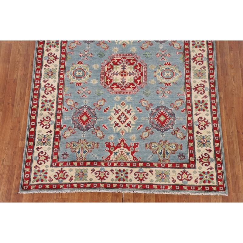 Light Blue Kazak Area Rug Handmade Geometric Wool Carpet - 5'3" x 6'8"