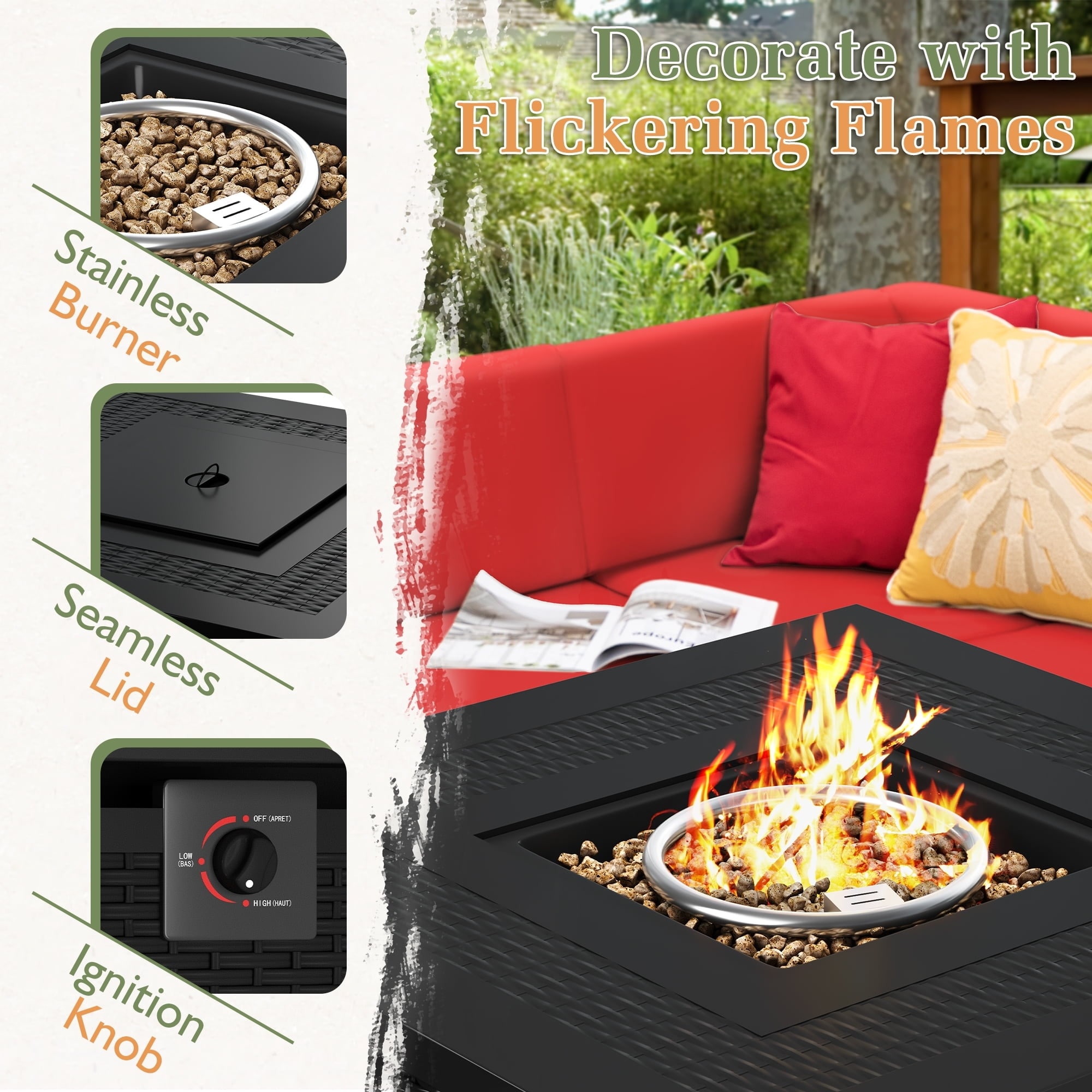 Furniwell 6 Pieces Fire Pit Seating Outdoor Sectional Rattan Sofa Set with 40000 BTU Propane Fire Pit Table, Family Gathering