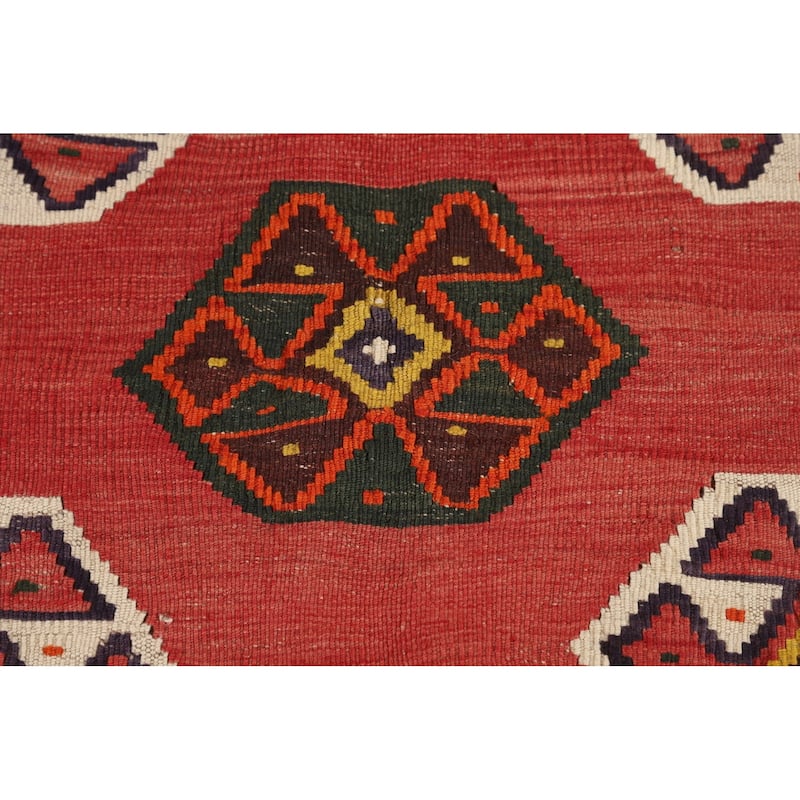Kilim Qashqai Persian Vintage Rug Hand-Woven Geometric Red Wool Carpet - 4'1"x 6'8"