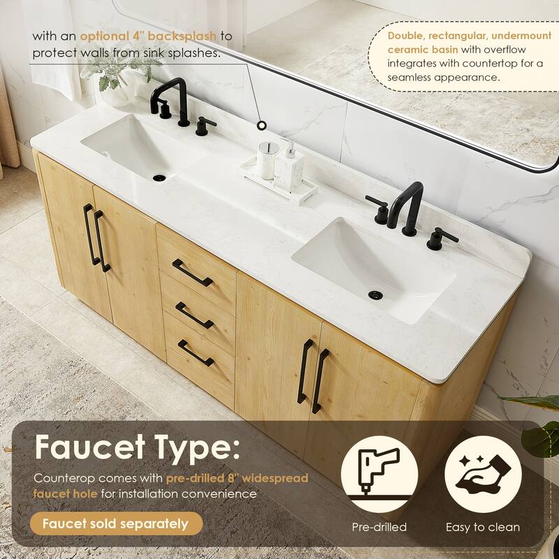Serene Bathroom Vanity in Nature Brown with Grain White Engineered Stone Countertop without Mirror