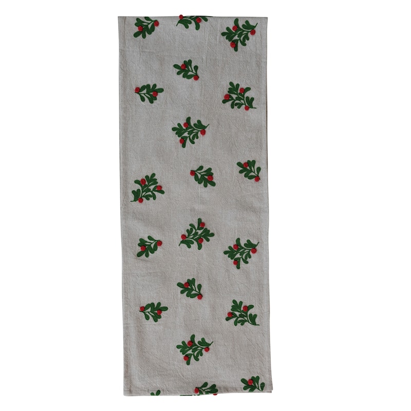 Cotton and Linen Table Runner with Embroidered Mistletoe and Pom Poms - Natural;Green;Red