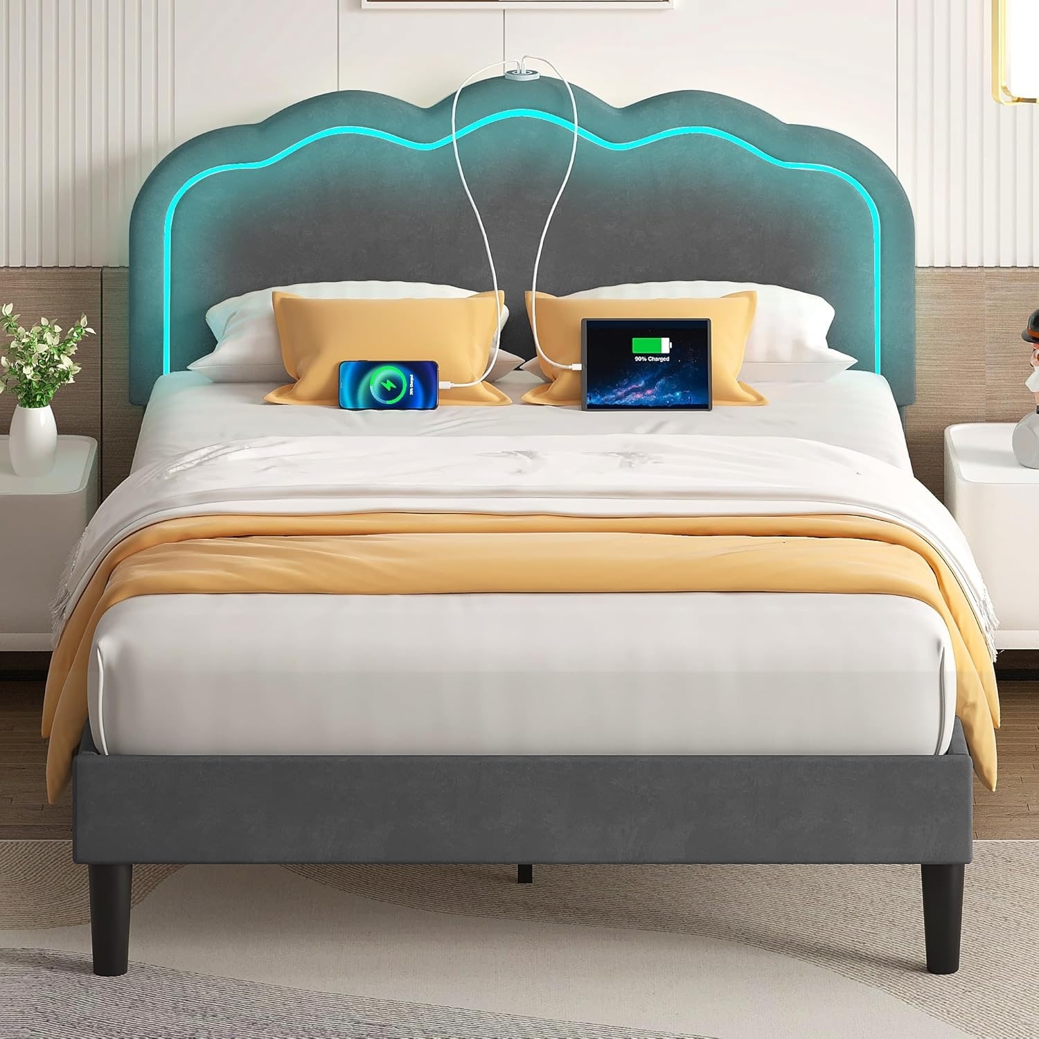Queen Size Upholstered Bed Frame with LED Headboard, USB Charging, Adjustable Height, Noise-Free Design, Grey Velvet Platform