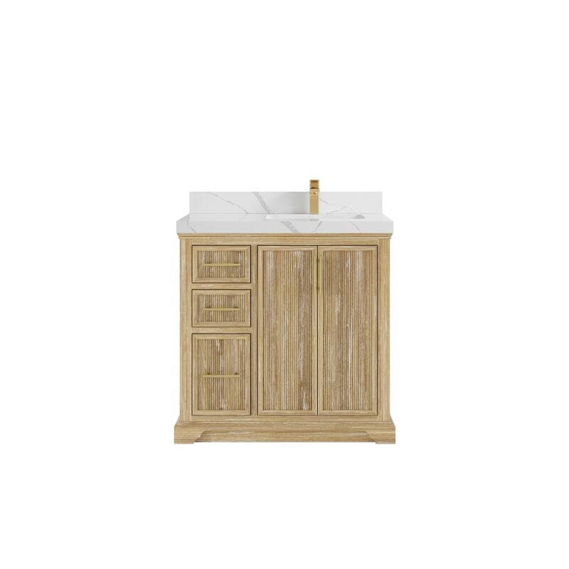 Willow Collections 36 x 22 Alys Solid Teak Right Offset Sink Bathroom Vanity with Quartz or Marble Countertop - 2”Calacatta Laza - Whitewashed