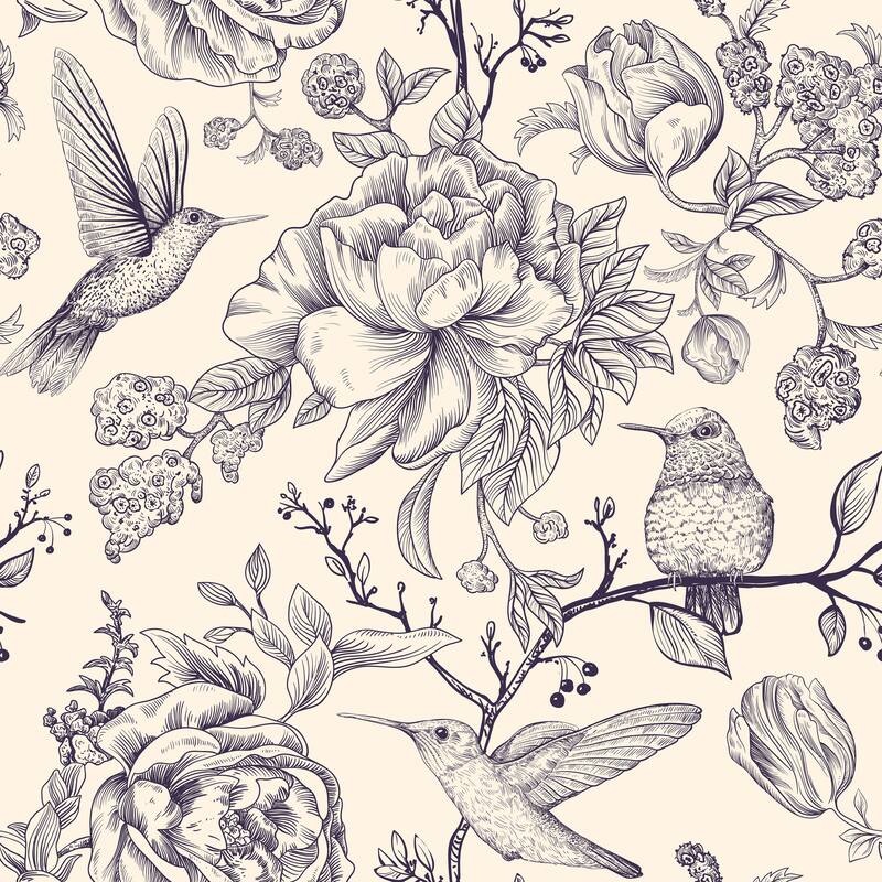 Vintage Peonies with Summer Birds Wallpaper - 10'ft H x 24''inch W - 10'ft H x 24''inch W - Blue