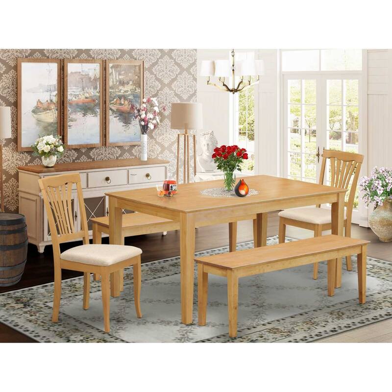 HomeStock 5-Piece Rectangle Natural Oak Finish Solid Wood Top Dining Table with 2 Benches, 2 Chairs with Lattice Back