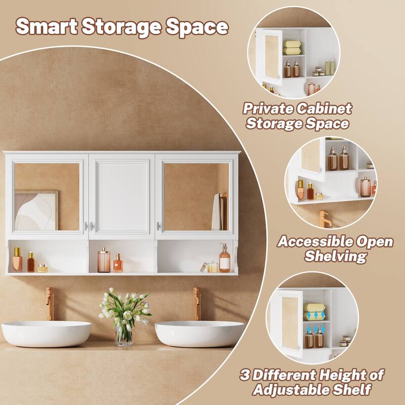 55 Inch Mirror Medicine Cabinet with Open Shelves - Wall Mounted Storage with Doors & Adjustable Shelf for Bathroom