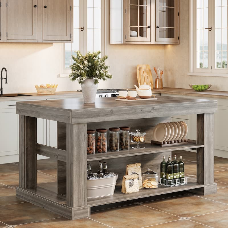 55-Inch Stationary Kitchen Island with Seating and Storage Shelves & Large Worktop, Farmhouse Style - 31.5"D x 55.12"W x 35.43"H - Grey
