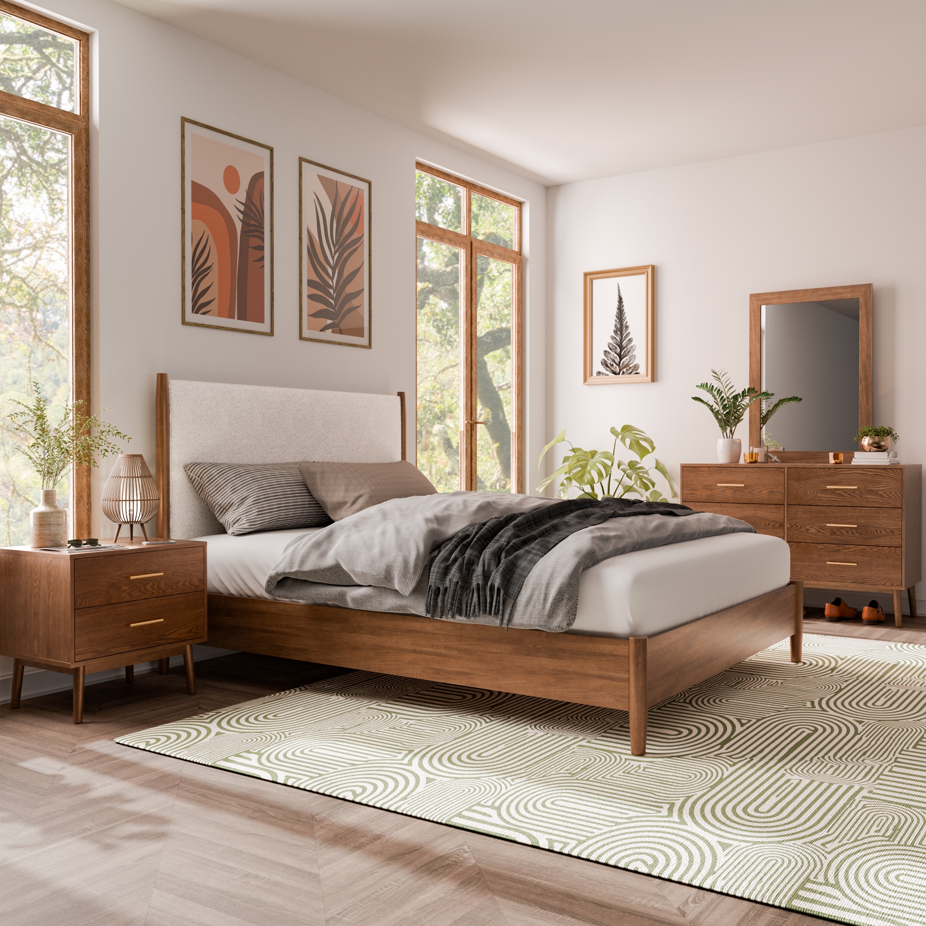 Furniture of America Beau Midcentury 4-Piece Boucle Platform Bedroom Set