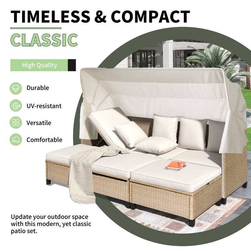 4-Piece Outdoor Wicker Patio Sofa Set with Retractable Canopy,Adjustable Table & Ottomans,UV-Resistant Cushions for Lounge