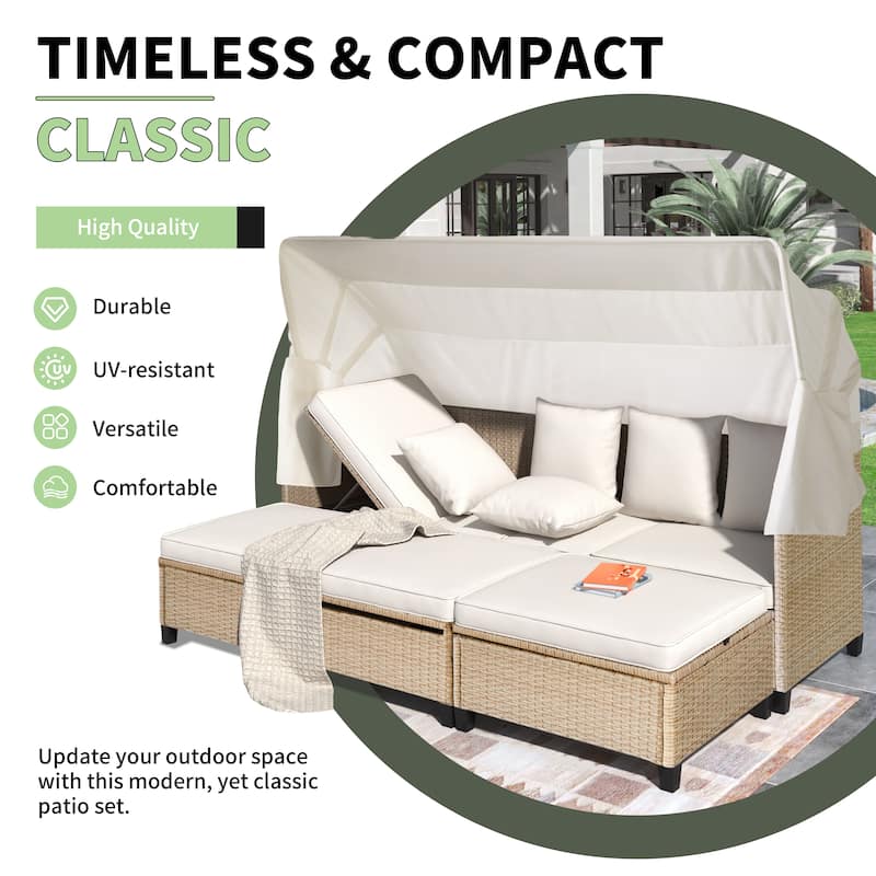 4 Piece UV-Proof Resin Wicker Patio Sofa Set with Retractable Canopy, Cushions & Lifting Table, Beige