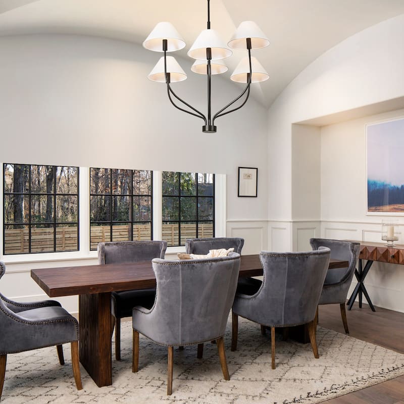 6-Light Modern Gold/Matte Black Sputnik Staggered Large Chandelier with Cone White Fabric Shade