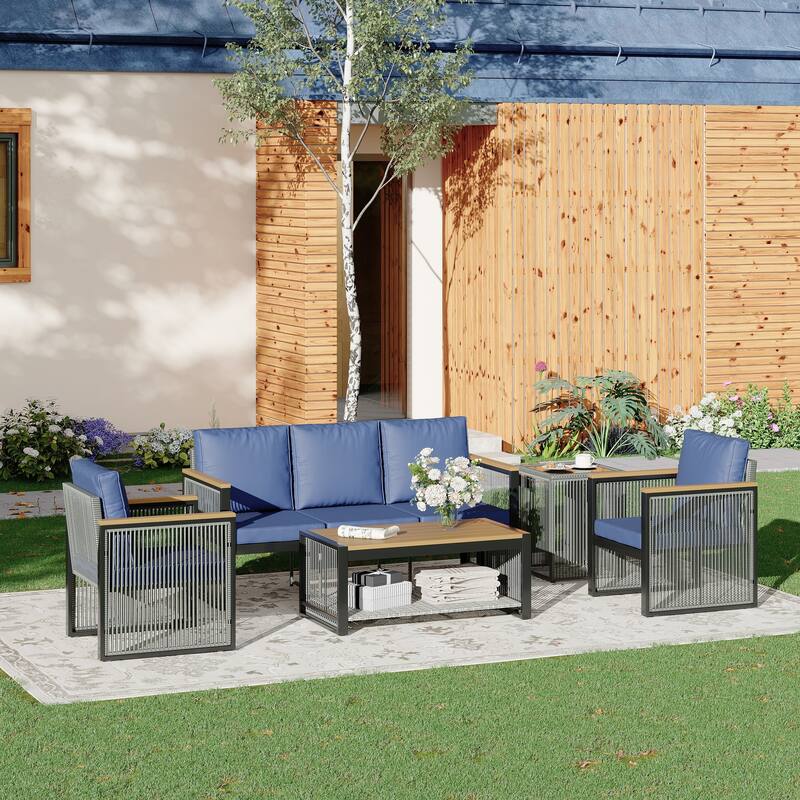 EROMMY Outdoor Patio Furniture Sets - 5/6/7 Piece All-Weather Conversation Sets withTable & Ottoman, Sectional Sofa & Chairs. - 5 PCS - 3-Seater & 2 Chairs & Table - Blue