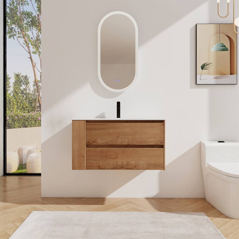 36" Wall Mounting Bathroom Vanity With Ceramic Sink - Imitative Oak