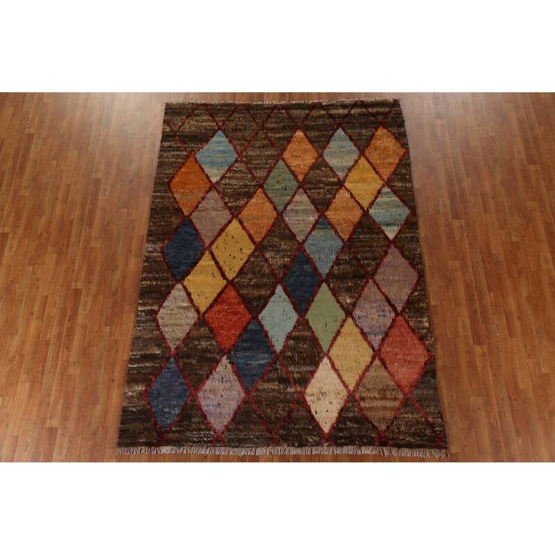Hand Knotted Oriental 100% Wool Carpet Tribal Trellis Brown Moroccan Area Rug - 9' 4'' X 6' 11''