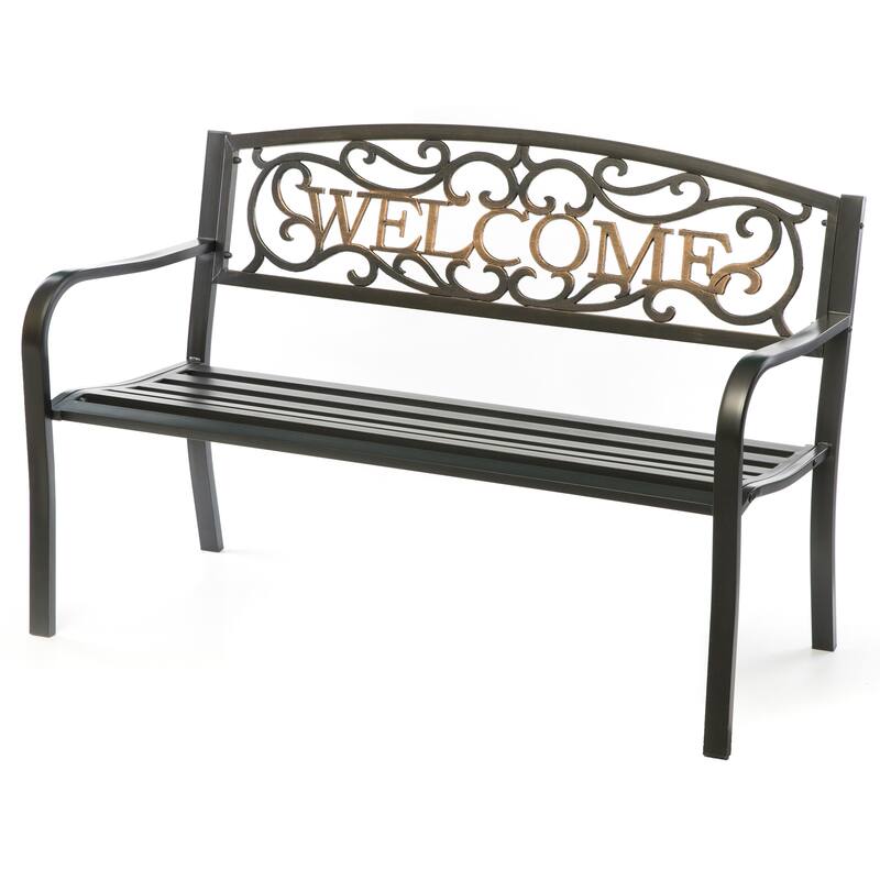 Steel Outdoor Patio Garden Park Seating Bench with Cast Iron "Welcome" Backrest, Front Porch Yard Bench Lawn Decor - Black
