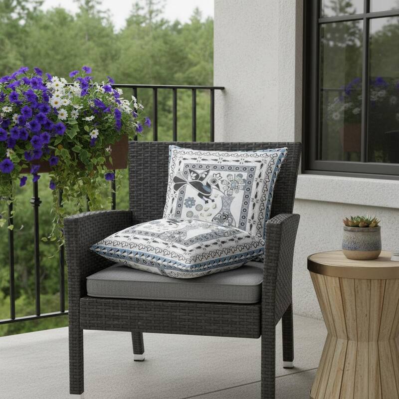 HomeRoots Set of Two 16" X 16" Black Gray and White Peacock Blown Seam Floral Indoor Outdoor Throw Pillow - Black/Gray/White - 16.00' X '16.00' X '5.00