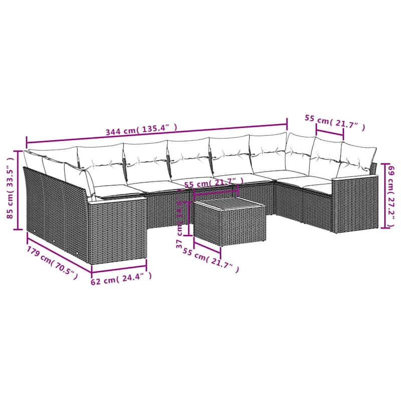 vidaXL Patio Sofa Set with Cushions Outdoor Conversation Furniture Poly Rattan - 24.4 x 24.4 x 27.2 in