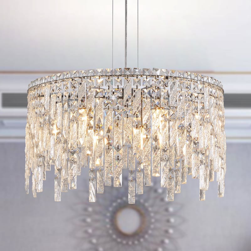 24" Luxurious Round Silver Crystal Chandelier, Contemporary Rectangular Pendant Light, and Grand Foyers (Bulbs Not Included) - Chrome