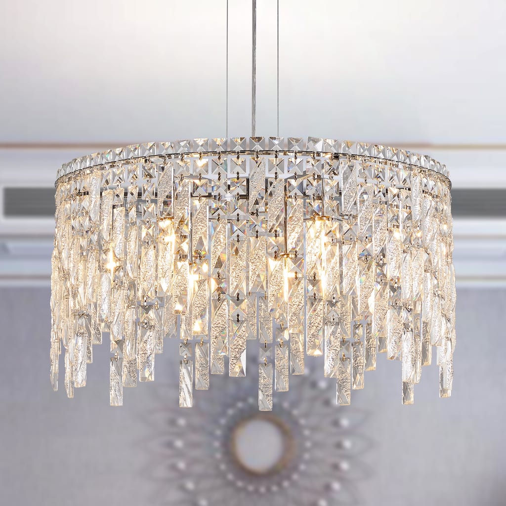 24" Luxurious Round Silver Crystal Chandelier, Contemporary Rectangular Pendant Light, and Grand Foyers (Bulbs Not Included)