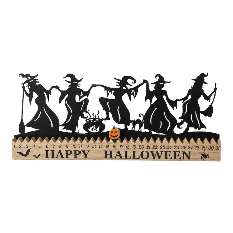 Glitzhome 18"L Happy Halloween Wooden Metal Dancing Witch or Ghost Countdown Calendar Table Decor