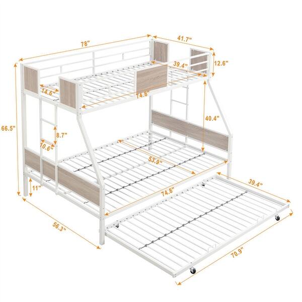 Metal Twin over Full Bunk Bed with Trundle, 2-Side Ladder and Full-Length Guardrail, Large Under Bed Storage, White & Brown