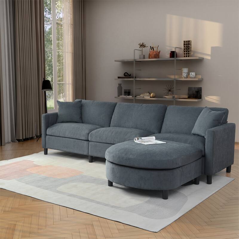 Modern Fabric Sofa with Storage Armrest, Movable Ottoman, and Durable Frame - 3 Seat Couch