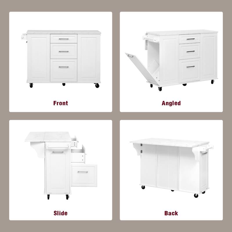 50.7" Rolling Kitchen Island with Tilt Trash Cabinet, Drop Leaf, Pull-Out Organizer, 2 Drawers and 1 Door