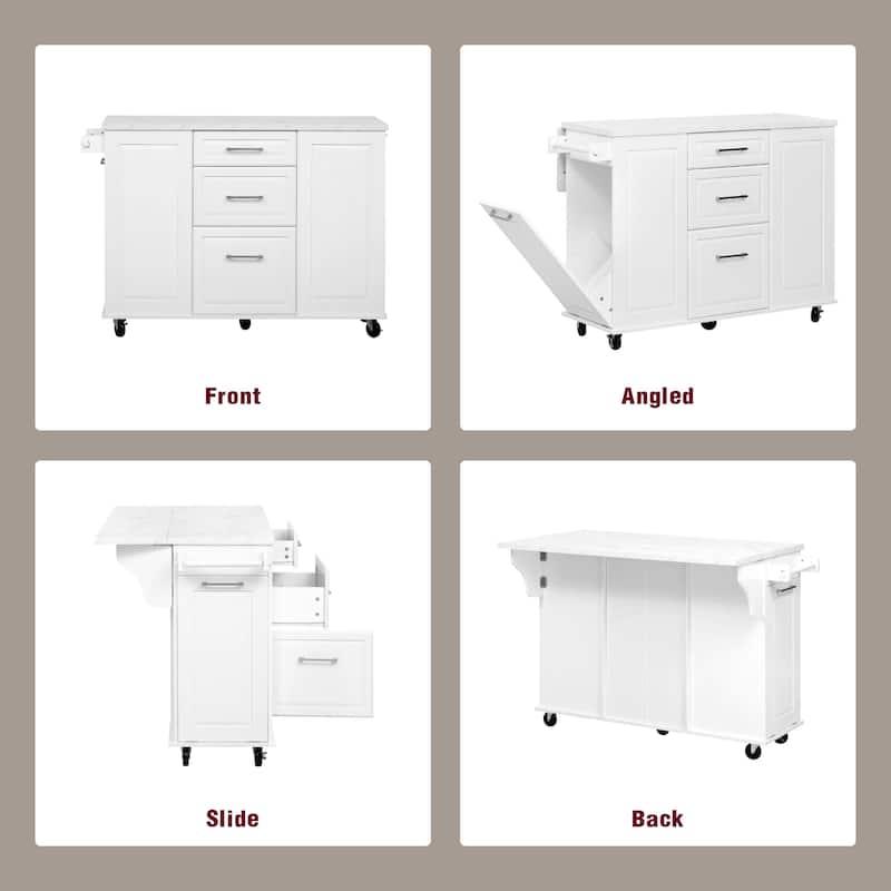 Vintage Rolling Kitchen Cart and Island with Drop Leaf, Tilt Trash Can Cabinet, 2 Drawers and 2-tier Pull-out Storage Organizer