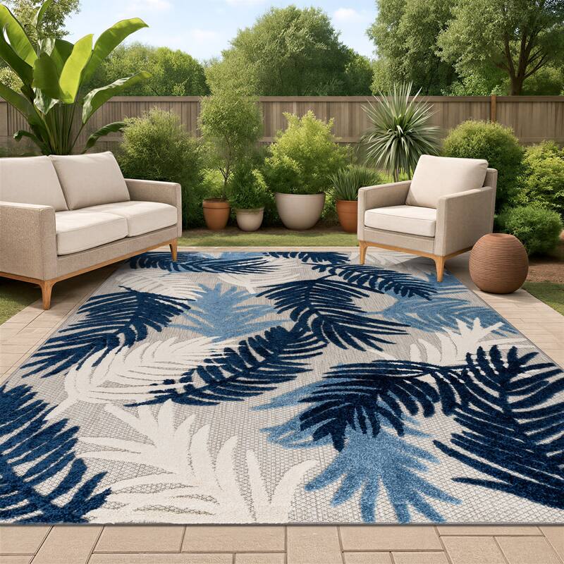 World Rug Gallery Tropical Floral Modern Indoor/Outdoor Area Rug - 12' X 15' - Navy