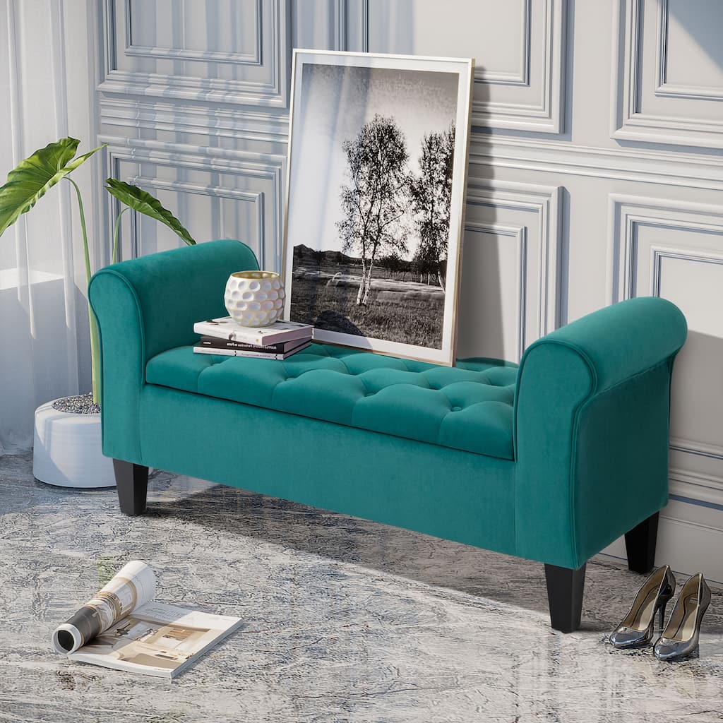 Storage Bench Ottoman Bench with Armrests, Chic Decorative Bench Window Bench Green Vanity Bench with Wood Legs