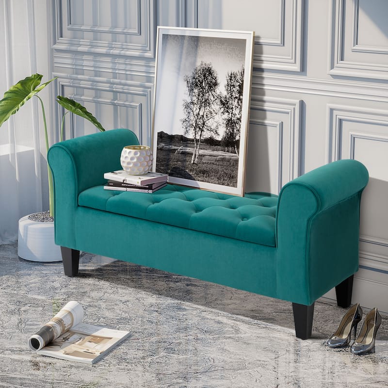 Velvet Button Tufted Storage Bench with Flip Top and Rubberwood Legs - 51.25" W x 17.75" D x 25.5" H