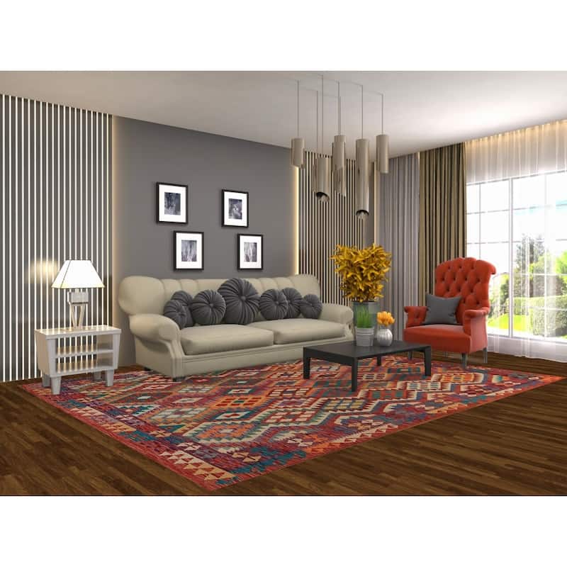 Colorful Kilim Oriental Area Rug Flatweave Orange Wool Carpet - 7'9"x 10'2"