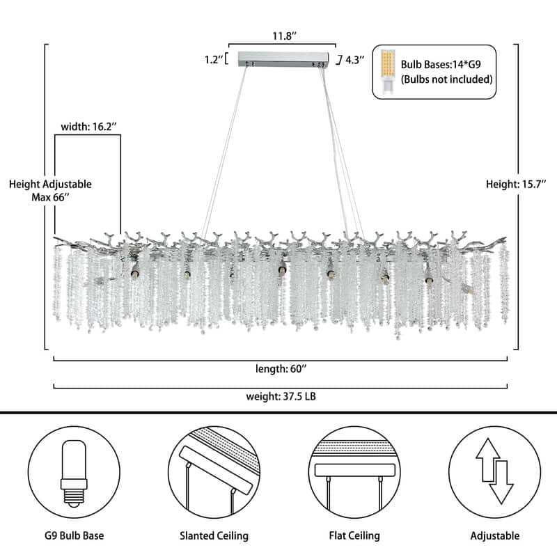 KAYLA Indoor Rectangle Crystal Chandeliers, Dining Room Light, Pendant Light Fixture for Kitchen Island