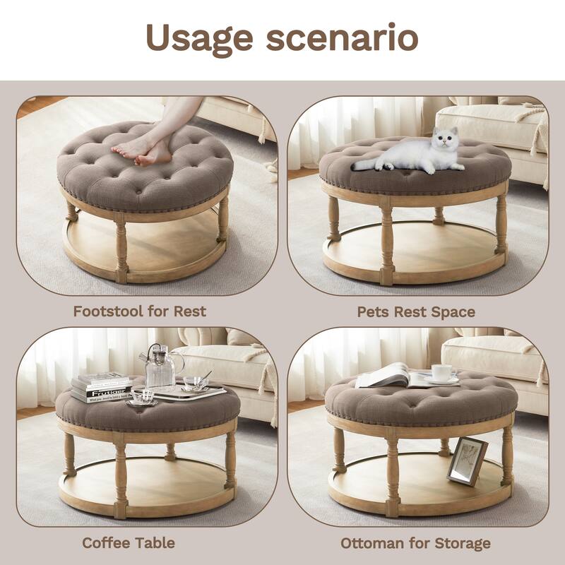 HUIMO 33in Round Upholstered Solid Wood Ottoman Coffee Table with Storage Shelf
