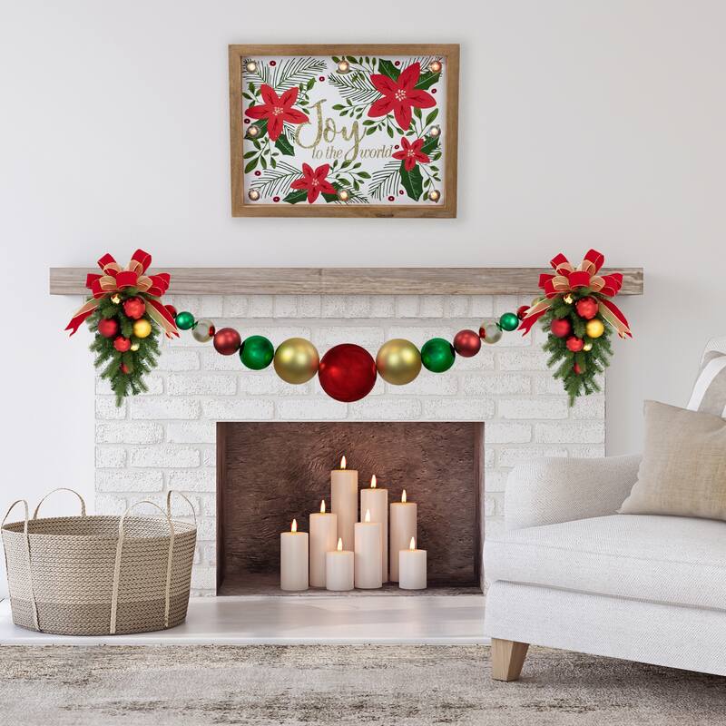 6' Red, Gold Green Shiny Matte Shatterproof Ball Christmas Swag