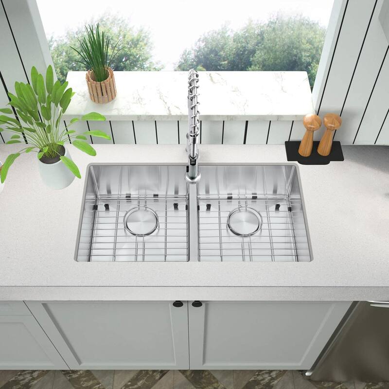 32" Undermount 50/50 Double Bowl Stainless Steel Handmade Kitchen Sink & Drain Strainer, Bottom Grid, All in One (32"x18"x9") - 32"