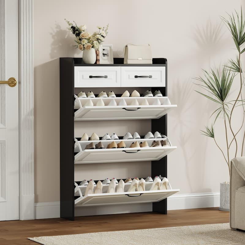 Shoe Cabinet with 3 Doors 2 Drawers, PVC Door with Shape, Large Space for Storage