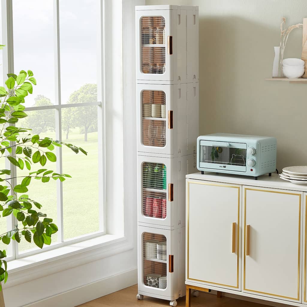 Foldable Slim Storage Cabinet with Wheels, 4-Tier Narrow Plastic Organizer for Bathroom, Kitchen, Laundry & Pantry