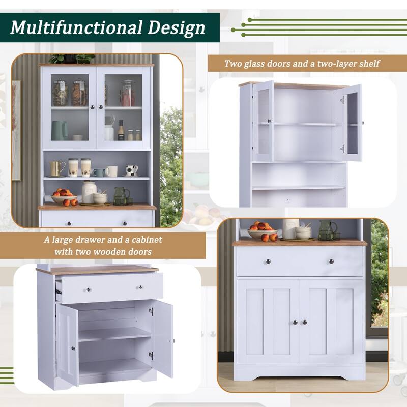 White Storage Cabinet with Glass Doors and Drawer and Adjustable Shelf