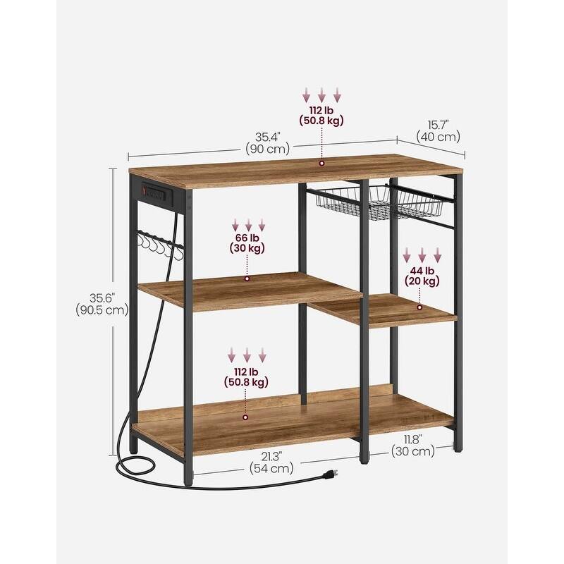 Steel Bakers Rack with Outlet Shelves and Basket with Charging Station - 15.7”D x 35.4”W x 35.6”H